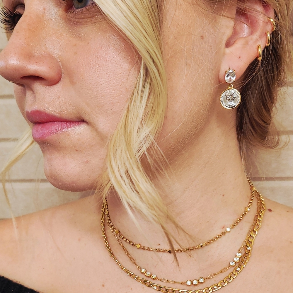 Two Tone Coin Dainty Dangle Earrings